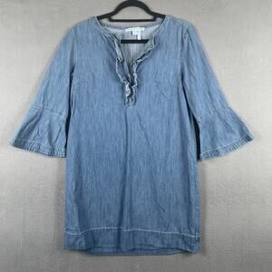 Draper James Dress Womens 8 Blue Denim Ruffle Bell Sleeve 100% Cotton Tunic